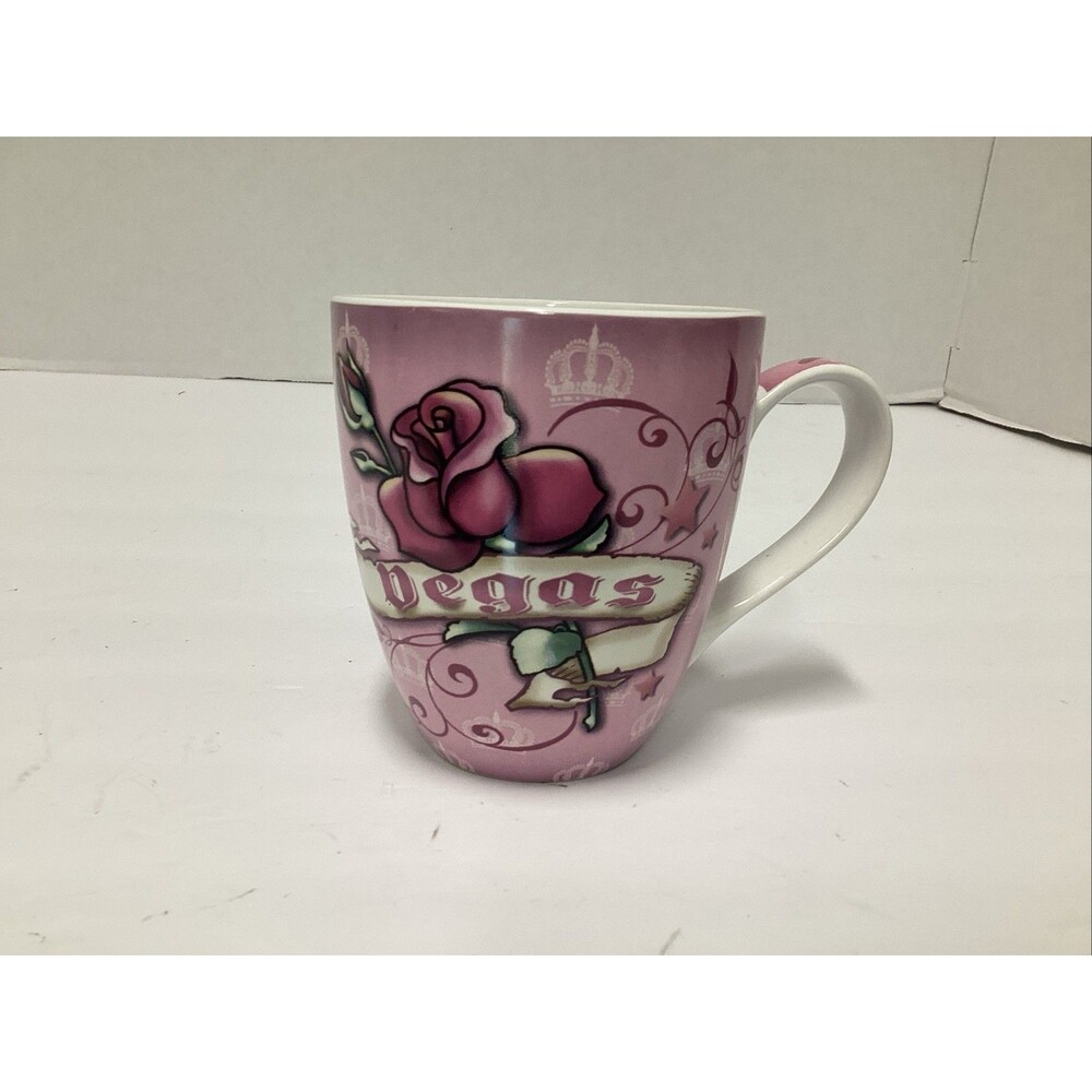 pink ceramic coffee mug tattoo style rose graphic โVegasโ queen of hearts